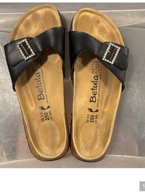 Preloved Birkenstock Betula Black Leather w Rhinestone Sandals 39